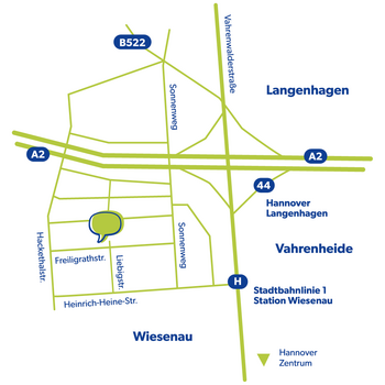 eine reduzierte Straßenkarte auf der der Standort der Logopädie Praxis in Form einer Sprechblase markiert ist